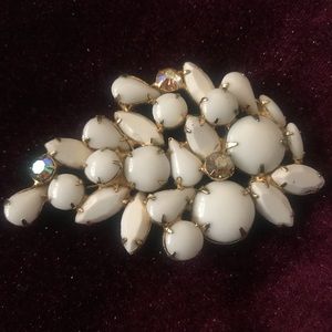 Beautiful Milk Glass Vintage & Crystal Brooch